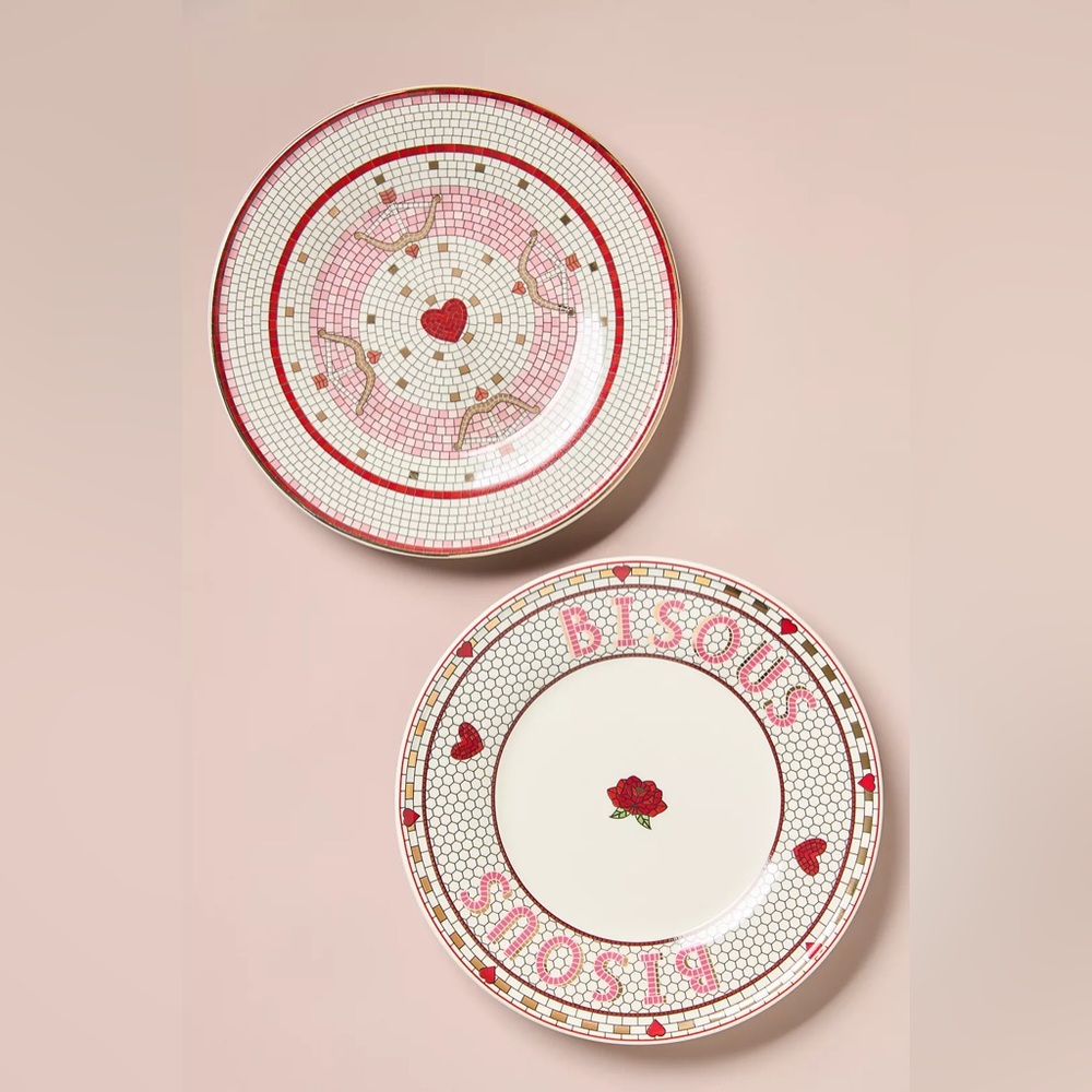 Set 4 Bistro Tile Stoneware 24k Gold Accent Dessert Plate: Valentine's Edition